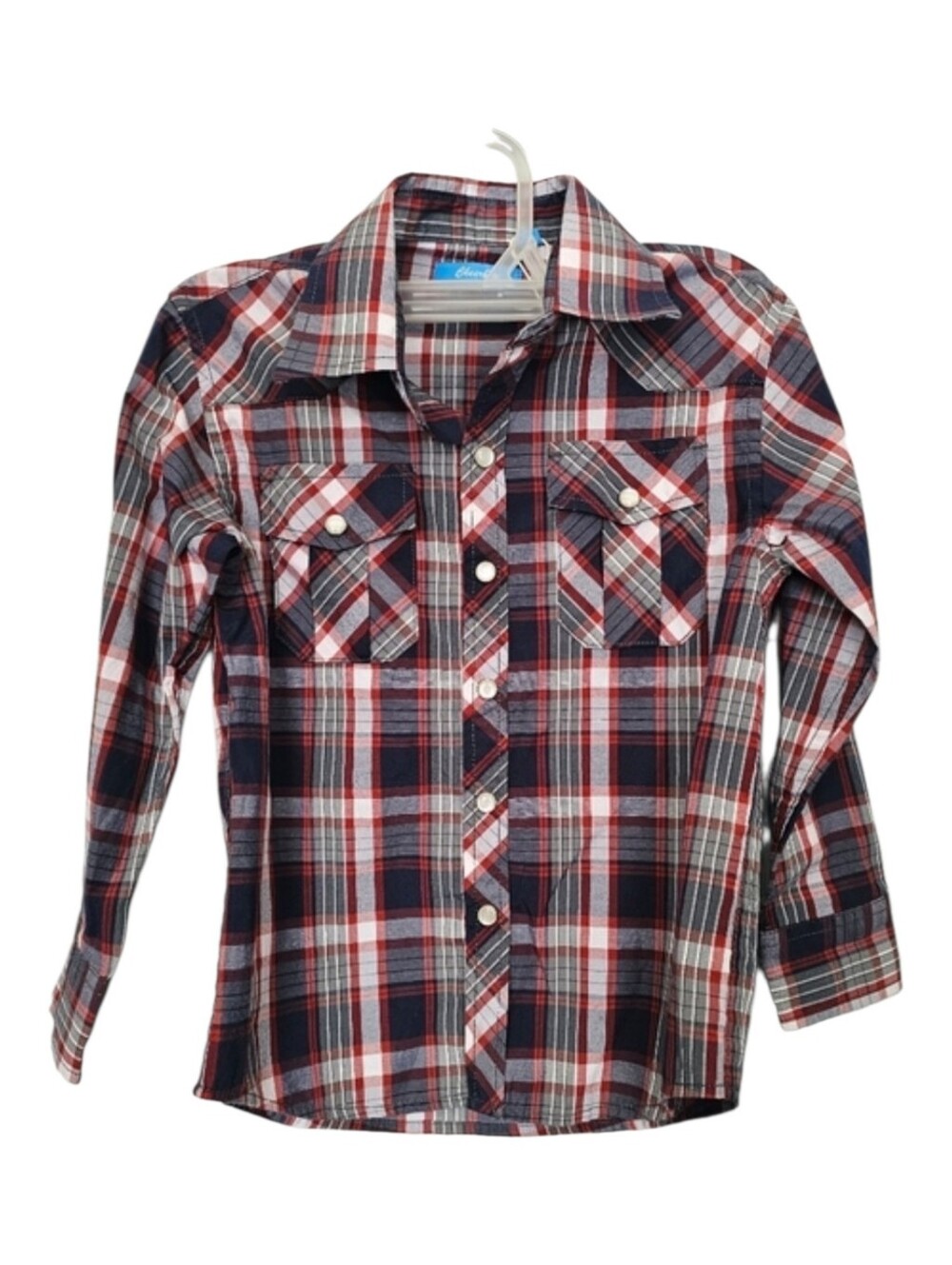 Cheerboy Boys Red Navy Plaid Western Style Button Down Pearl Snaps Size 5